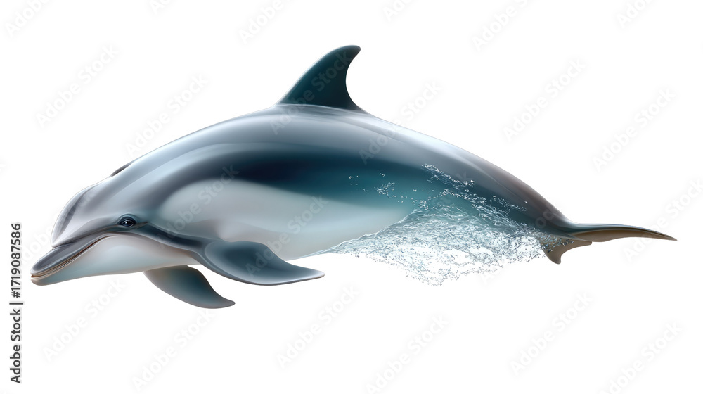 Obraz premium Dolphin's Grace: A captivating close-up shot showcases the sleek form of a dolphin, its skin glistening with the cool spray of the ocean, a symbol of agility and the spirit of the sea.