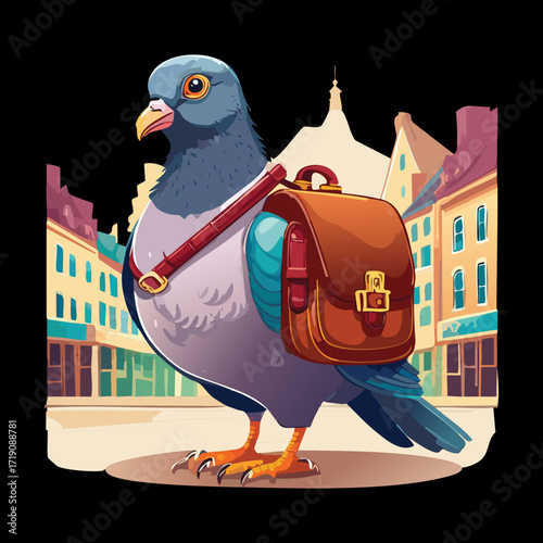 A cute cartoon pigeon bird with a backpack, walking down a street in the city, an adventurous and urban traveler