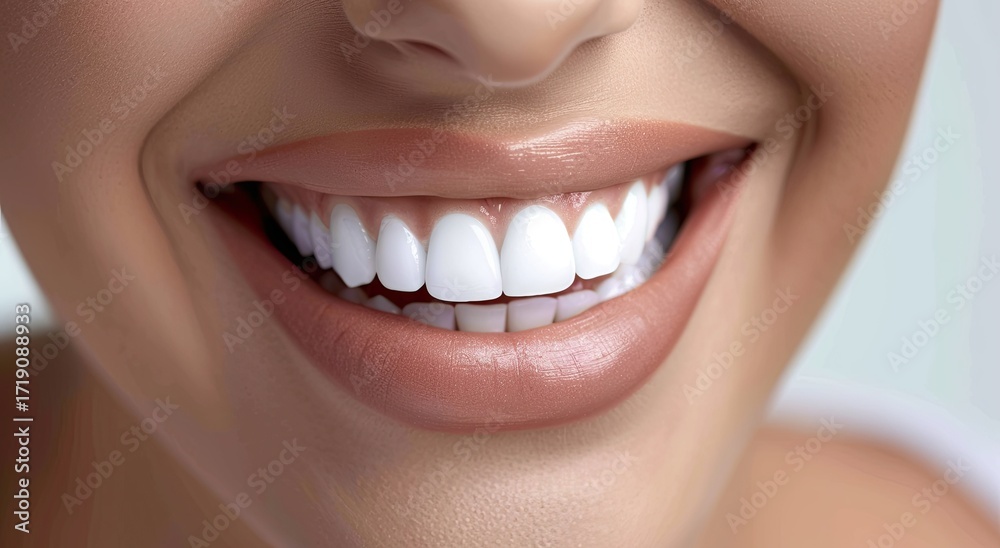 Obraz premium Close-up of a bright, healthy smile with perfectly aligned, white teeth and natural-looking pink lips. The image emphasizes dental health and beauty