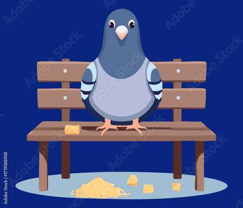 A calm pigeon bird sitting on a wooden park bench, a tranquil scene of urban wildlife and peaceful city life
