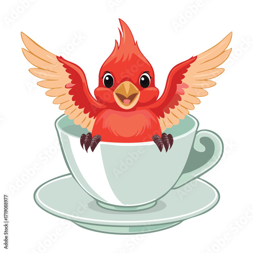 A sweet cartoon cardinal bird in a teacup with open wings, representing joy and a peaceful morning coffee or tea moment
