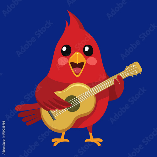 Joyful red cardinal cartoon bird playing a guitar with a big smile, a happy and friendly musical character and mascot
