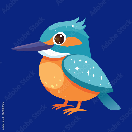 A cute cartoon kingfisher bird, a friendly and charming representation of a wild bird and nature
