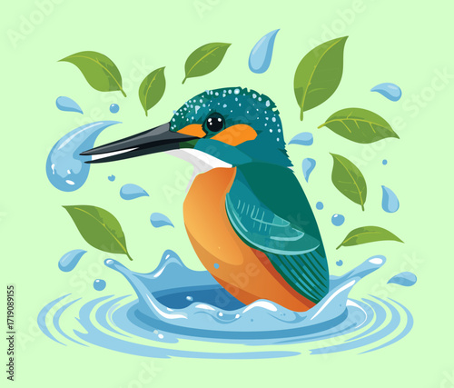 A cute cartoon kingfisher bird on water, a charming and adorable representation of wildlife and nature
