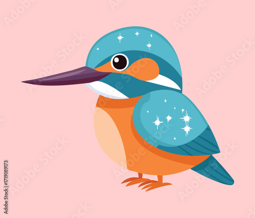 A beautiful and peaceful close-up illustration of a kingfisher bird with a soft pink background in a gentle style