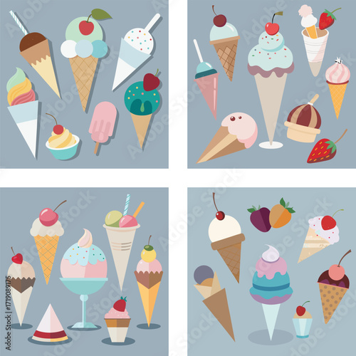Ice Cream Vector Illustration, Sweet Dessert Cones, Summer Popsicle and Frozen Food Design
