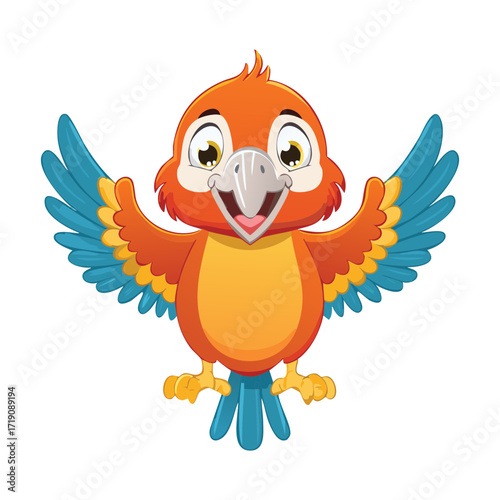 A cheerful and friendly macaw parrot with wings wide open, looking at the viewer with a cute, friendly smile