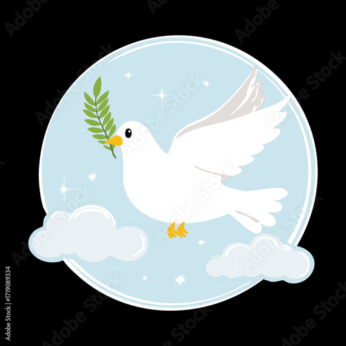 A white dove with an olive branch, symbolizing peace and hope against a serene snowy winter night