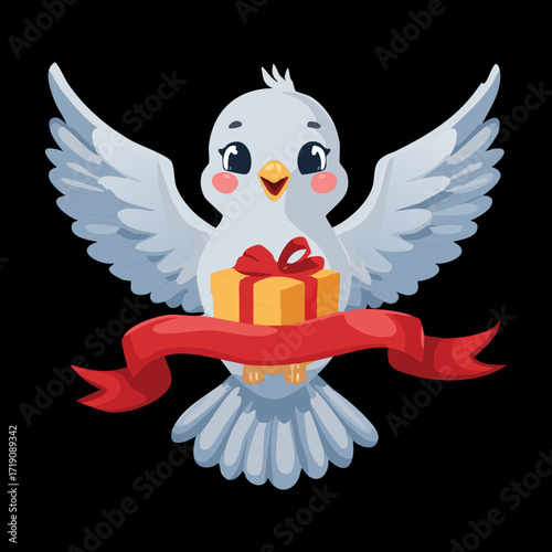 A cute dove with a red bow, delivering a gift, a festive and charming illustration for holidays or celebrations