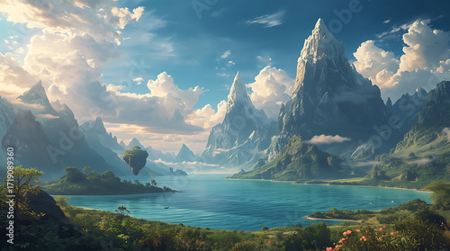 A surreal fantasy landscape featuring floating mountains above a crystal-clear lake, illuminated by golden sunlight. Highly detailed clouds and vibrant 8K resolution create a dreamlike,  