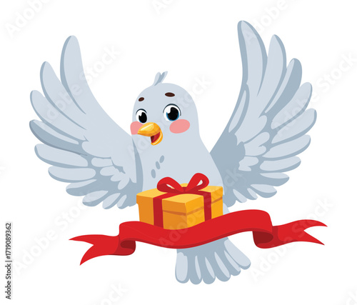 A cute dove with a red bow, delivering a gift, a festive and charming illustration for holidays or celebrations