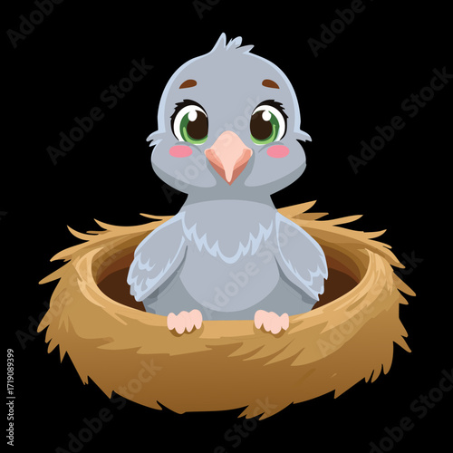 An adorable baby pigeon with fluffy feathers, sitting comfortably in a nest and looking up with innocent eyes