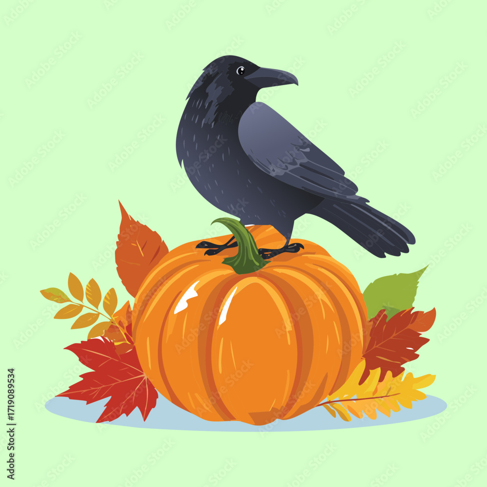 Fototapeta premium A cute cartoon crow sitting on a pumpkin with autumn leaves, a perfect graphic for Halloween or fall
