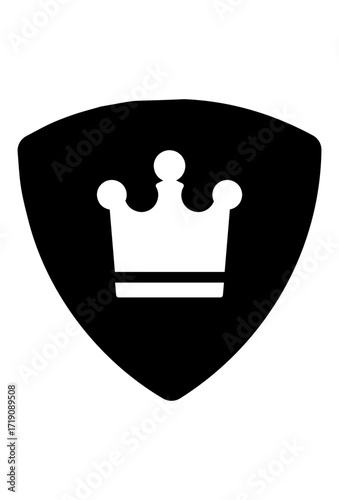 A white crown on a black shield. Icon of a crown in a filled shield. Royal and secure logo concept.