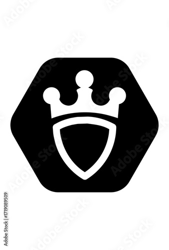 White crown and shield on a hexagon. Royal emblem inside a black hexagon. Modern and secure logo concept.