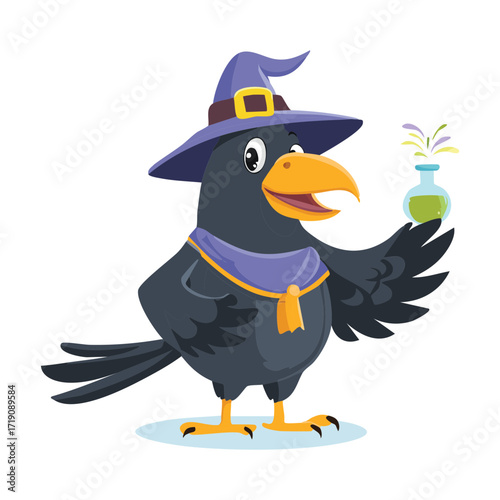 A stylish crow wears a pointed wizard's hat and holds a glowing magic wand, ready to cast a fun spell
