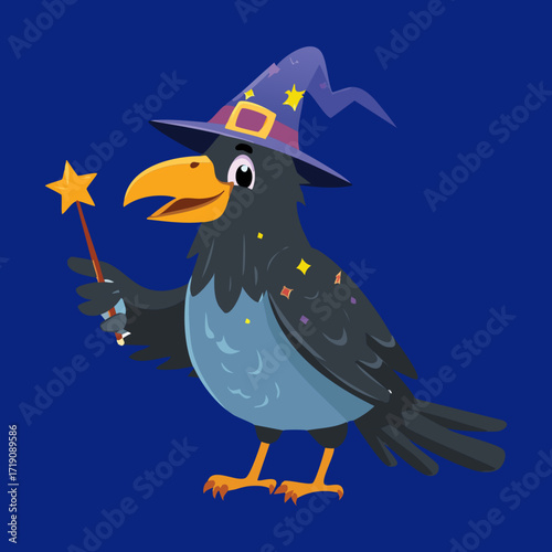 A stylish crow wears a pointed wizard's hat and holds a glowing magic wand, ready to cast a fun spell