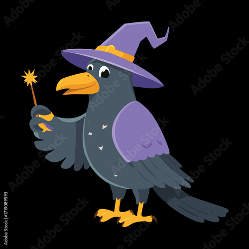A stylish crow wears a pointed wizard's hat and holds a glowing magic wand, ready to cast a fun spell