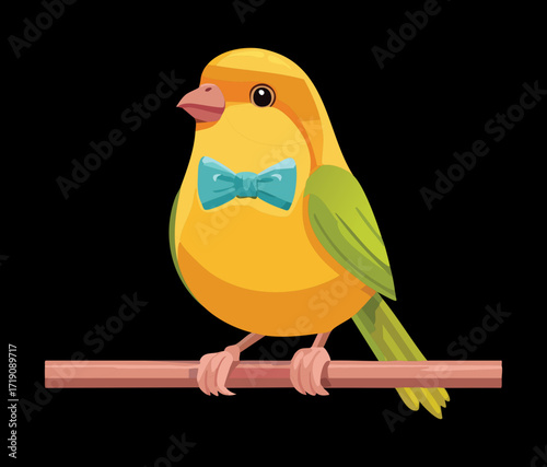 A delightful cartoon canary with a sharp orange beak and a stylish blue bow tie, perched on a tree branch
