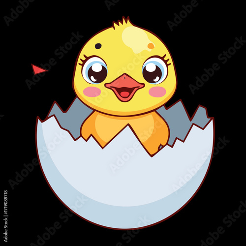A cute chick happily breaks out of a cracked egg, a symbol of new life, growth, and joyful spring