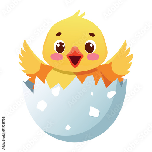 A cute and happy chick just hatched from a cracked eggshell, a perfect illustration for new beginnings and spring