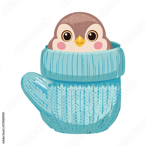  A charming baby sparrow snugly tucked into a light blue knitted glove, a cozy and delightful winter illustration