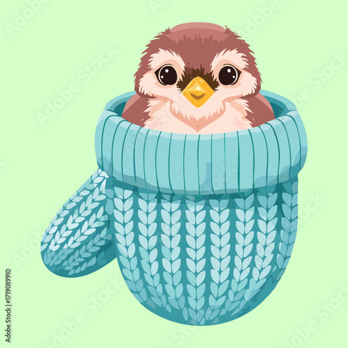 A sweet baby sparrow peeking out from a light blue knitted sweater, a charming and cozy illustration perfect for winter themes