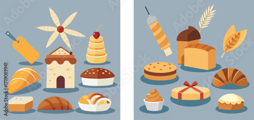 Bakery Pastry Vector Illustration, Bread Cake Dessert, Fresh Baked Food and Cafe Design