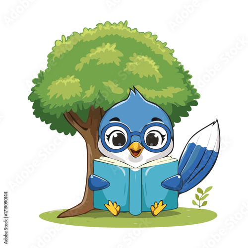  An intelligent blue jay sitting comfortably under a large leafy tree, deeply engrossed in reading a red storybook