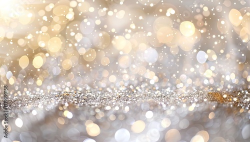 Shimmering bokeh background with gold and silver glitter, creating a festive and celebratory mood.  The image features out-of-focus lights and sparkles