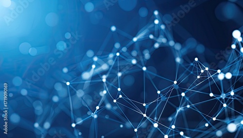 Abstract image of a network of interconnected nodes and lines, rendered in shades of blue with bokeh effects, suggesting a digital or technological theme