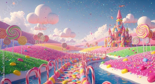 Magical Candy Land Castle with Sweet River and Lollipop Trees