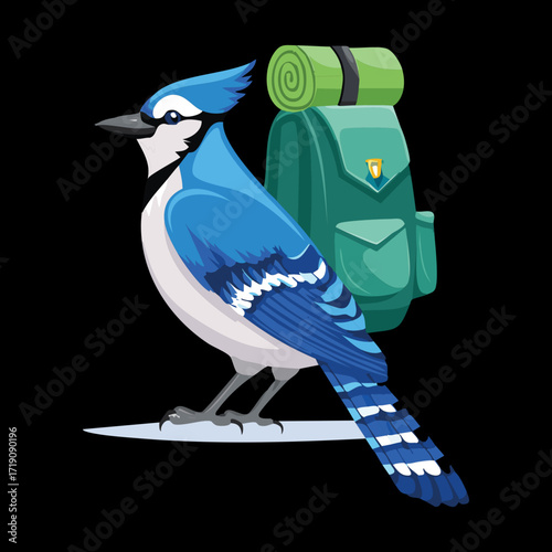 A determined blue jay cartoon with a green backpack is on a solo trip, looking back at the viewer with a fun attitude