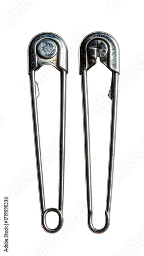Two safety pins, metallic silver, displayed vertically, against a black background.  