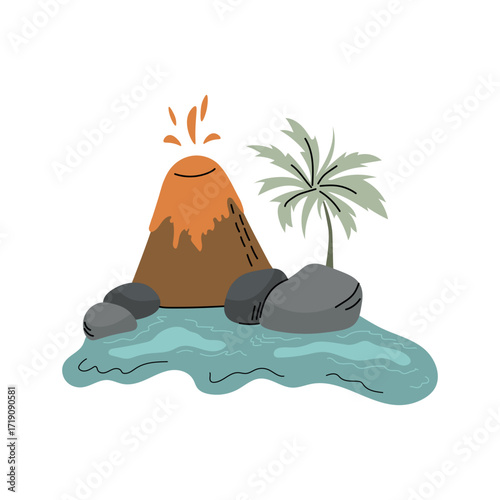 Erupting Volcano Island Illustration with Rocks and Palm