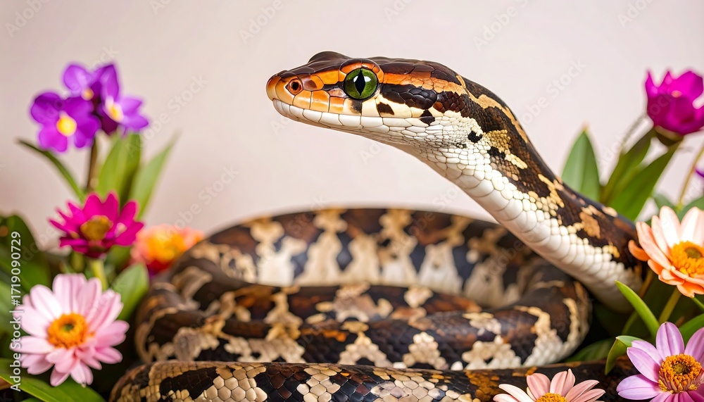 Fototapeta premium Colorful snake amidst vibrant blooms