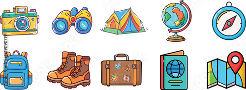 Travel and adventure cartoon colorful icons pack with suitcase, backpack, globe, passport, camera, map with pin, camping tent, hiking boots, compass, and binoculars – fun children doodle style vector 