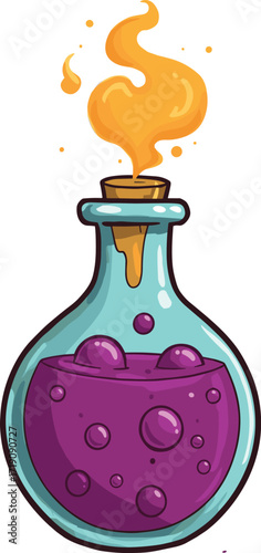 Magic potion bottle, fantasy elixir, bubbling purple liquid, mystical smoke, enchanted brew, Halloween magic, spell ingredient, alchemy flask illustration