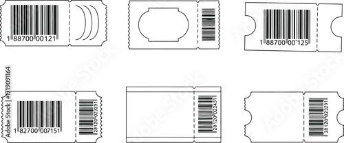 Illustration of six blank white tickets with barcodes and borders editable vector file