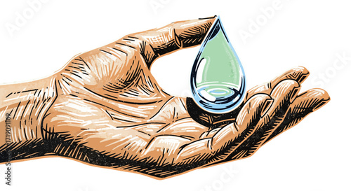 Water drop in the palm of a hand, illustration about the importance of water resources
