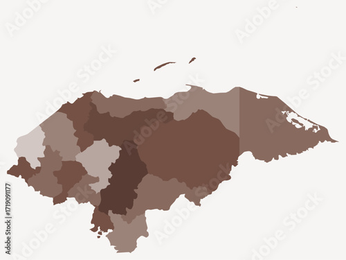 Map of Honduras with regions. Just a simple country border map with region division. Brown color palette. Flat Republic of Honduras shape with administrative division. Vector illustration.
