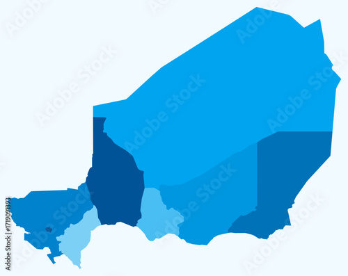 Map of Niger with regions. Just a simple country border map with region division. Light blue color palette. Blank Republic of Niger shape with administrative division. Vector illustration.