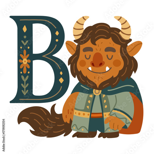 Letter B with cute fairytale beast character fantasy alphabet illustration for kids, nursery wall art, educational posters, preschool learning materials and children’s design projects