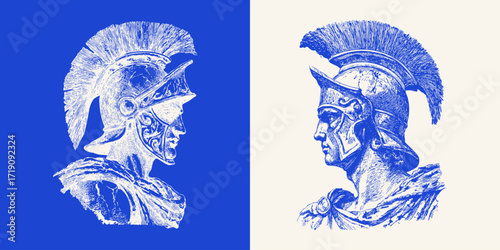 Engraving sketch of ancient warriors in helmets. Roman or Greek soldier heads in detailed line art, classical history illustration.
