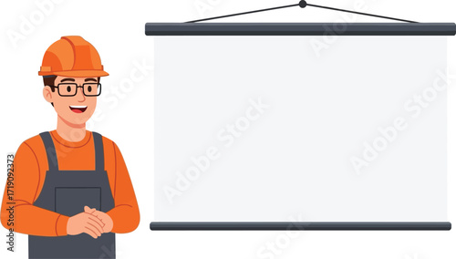 Man in hard hat and overalls standing next to a blank projector editable vector file
