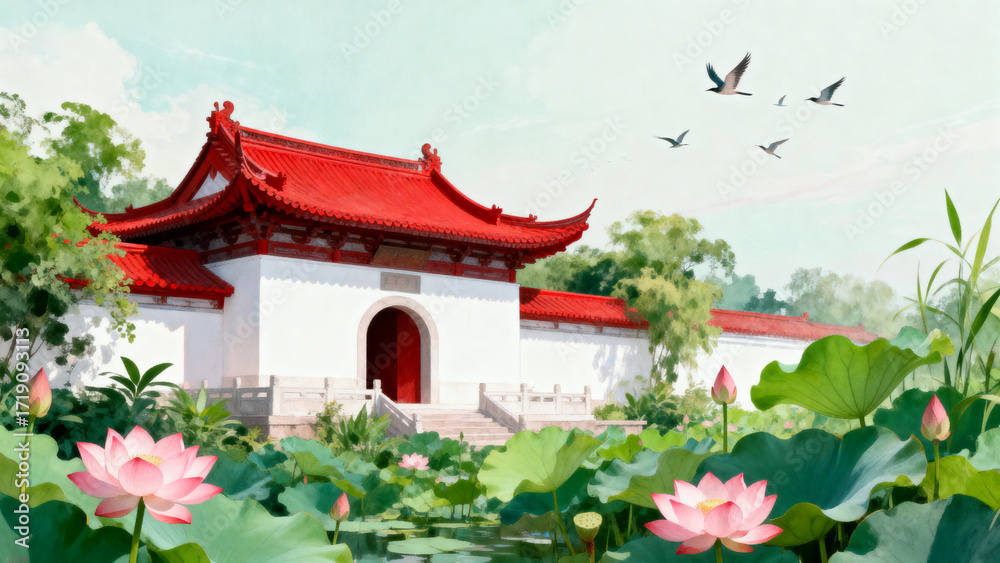 Fototapeta premium Traditional red-roofed temple surrounded by lotus flowers and greenery with birds flying overhead
