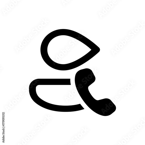 Black and white icon featuring a telephone handset with a stylized speech bubble above it in simple design