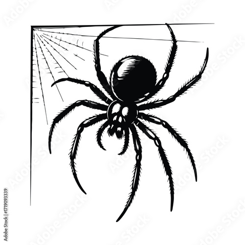 Black and White Spider Illustration with Web Corner for Halloween or Horror Theme