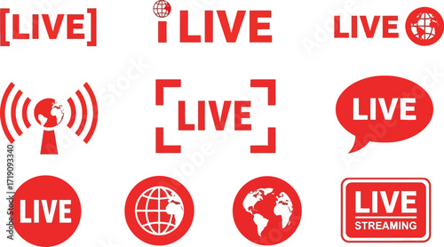 Various red live streaming icons with globe and antenna symbols editable vector file