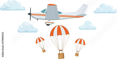 Airplane dropping packages with parachutes in the sky with clouds editable vector file